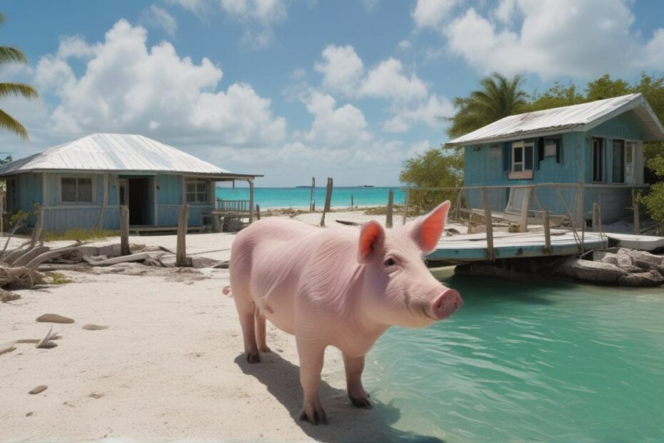 Official Home of the Swimming Pigs at Dove Cay, Long Island, Bahamas